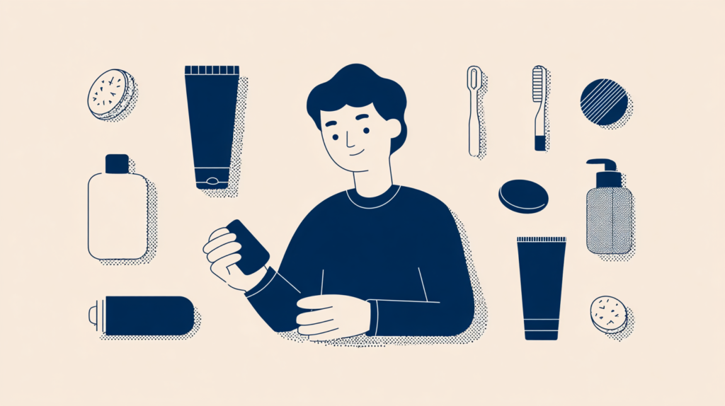 Personnage bleu minimaliste fond beige consommation dentifrice, crème